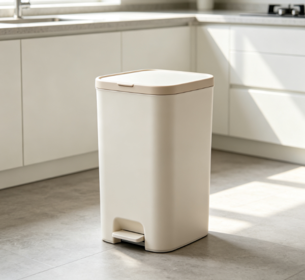 Creamy White and Light Brown Narrow-Sized Foot-Operated Trash Can for Kitchens and Homes - Silent, Slow-Sealing, with Lid