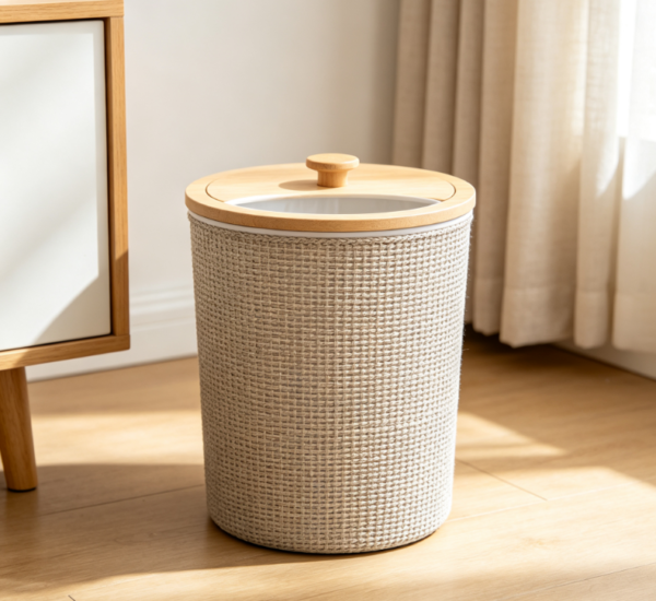 Cotton and Linen Woven Wooden Lid Nordic Round Trash Can