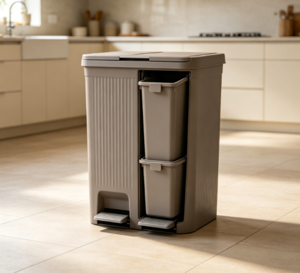 Light Khaki Dual-Compartment Foot Pedal Large-Capacity Trash Can