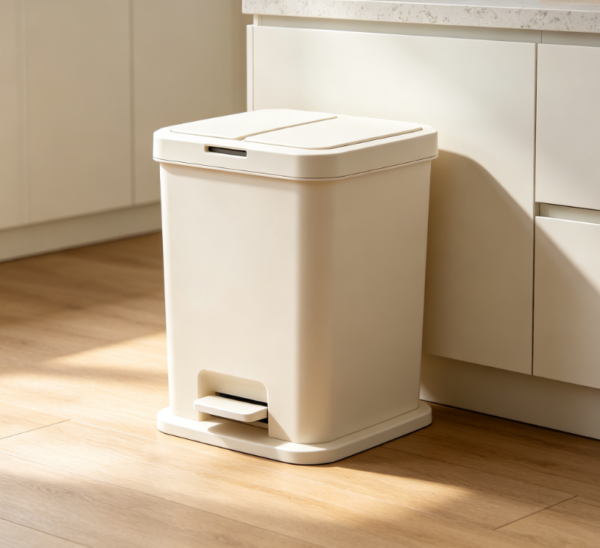 Milky White Double-Lid Partitioned Foot Pedal Trash Can