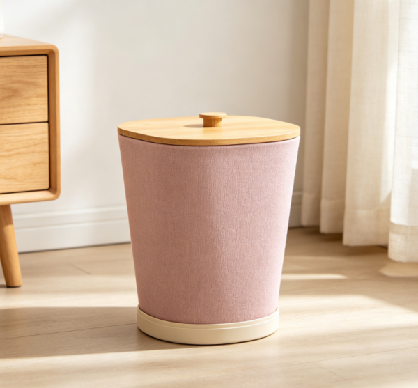 Red Bean Paste Pink Fabric-Covered Wooden Lid Conical Decorative Trash Can