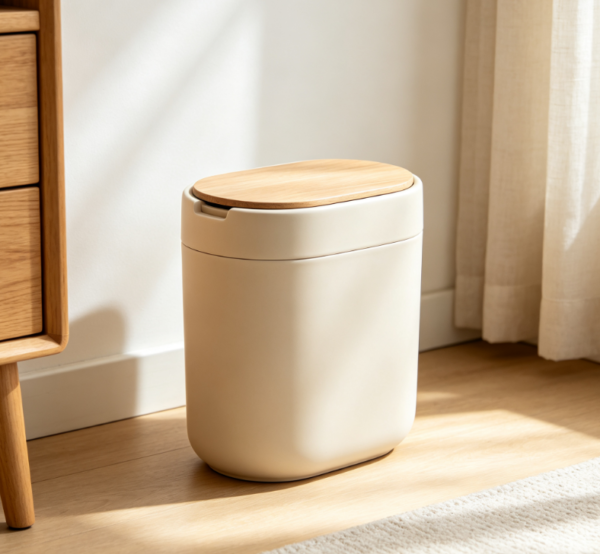 Oval Nordic Style Push-to-Open Trash Can with Wooden Lid