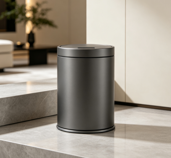 Gunmetal Gray Cylindrical Metal Sliding Lid Trash Can