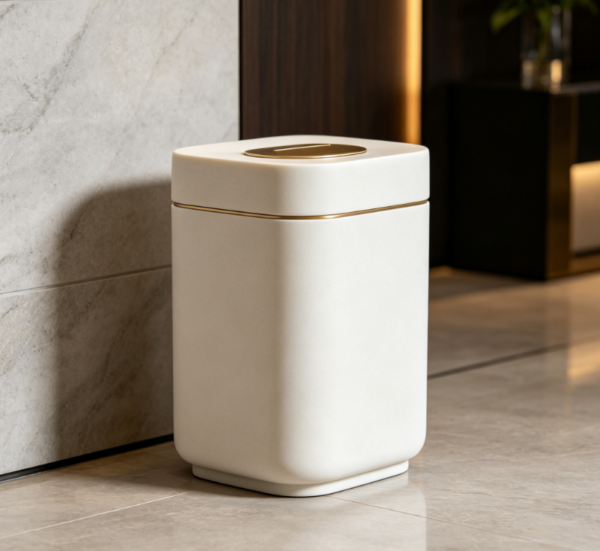 Luxury Creamy White with Gold Trim Push-Type Trash Can - Hotel Style Bathroom/Living Room Narrow Sealing Can