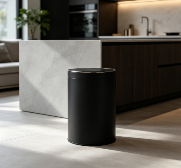 Matte Black Round Minimalist Metal Sliding Lid Trash Can